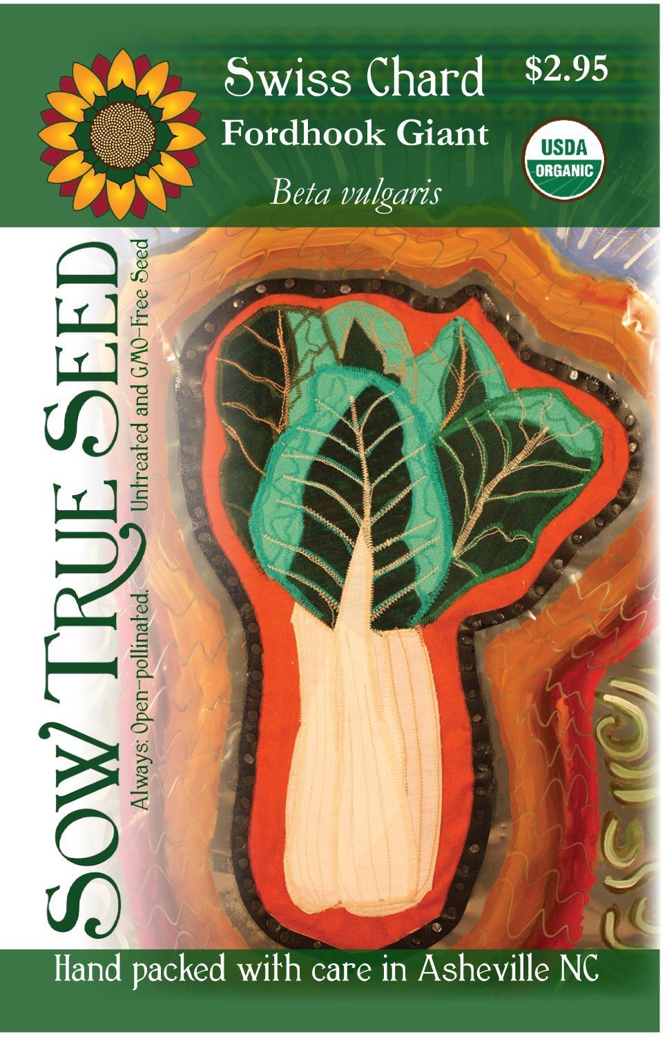 Artist designed packets of USDA organic Fordhook Swiss Chard from Sow True Seed Asheville NC. 