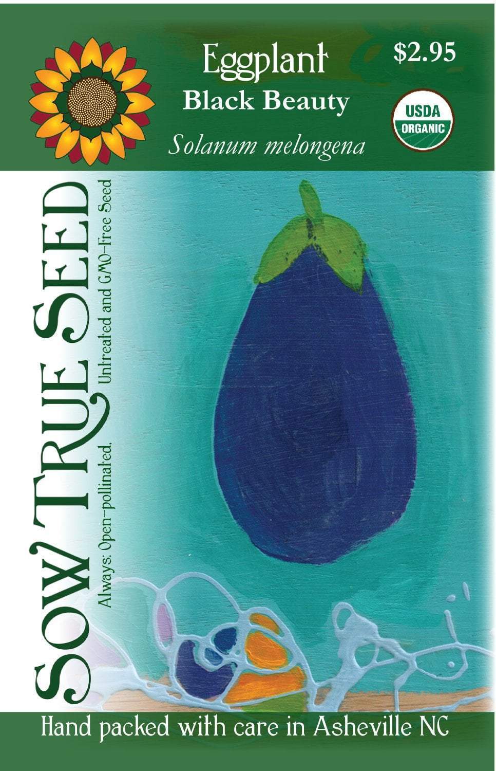 Artist designed packets of USDA organic Black Beauty Eggplant from Sow True Seed Asheville NC. 