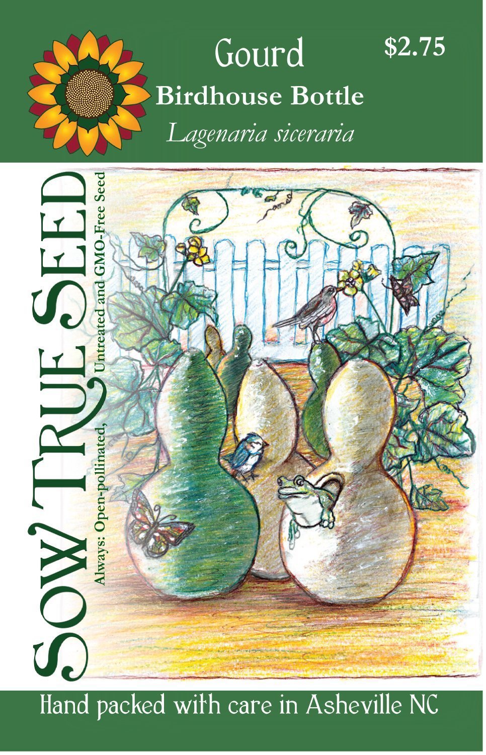 Artist designed packets of Birdhouse Bottle Gourd from Sow True Seed Asheville NC. 